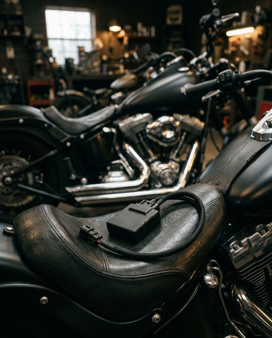 Tuner module and cable resting on the saddle of a black cruiser