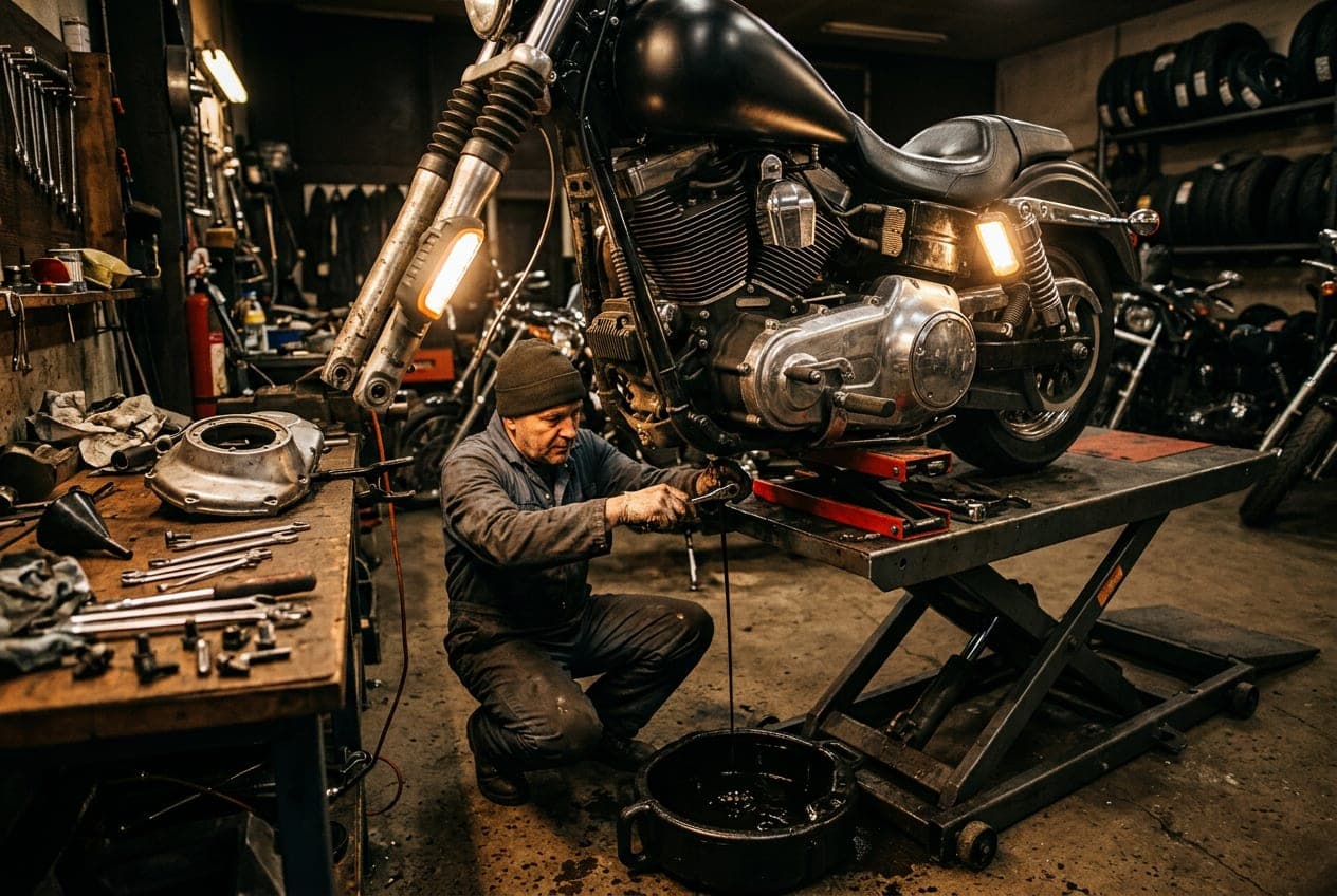 Engine oil being drained from a big V-twin cruiser on the lift