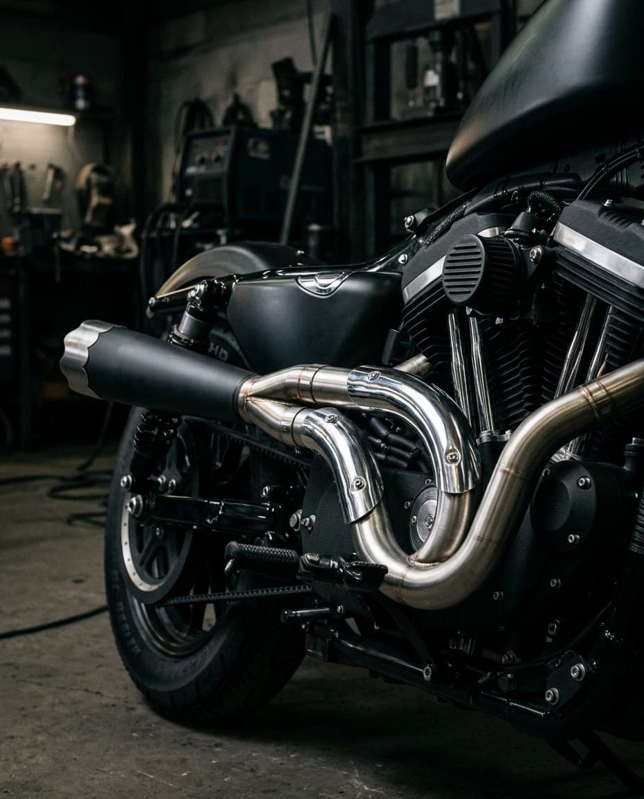 Two-into-one exhaust system fitted to a black V-twin cruiser
