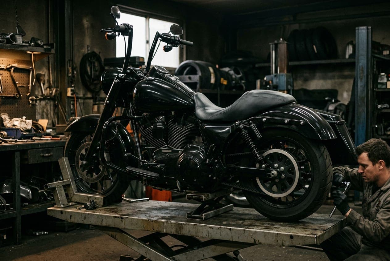 Bagger on the lift with new rear shocks being fitted