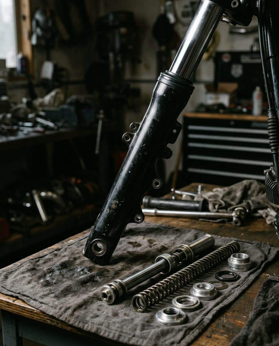 Fork lower with a fresh seal and a cartridge kit beside it