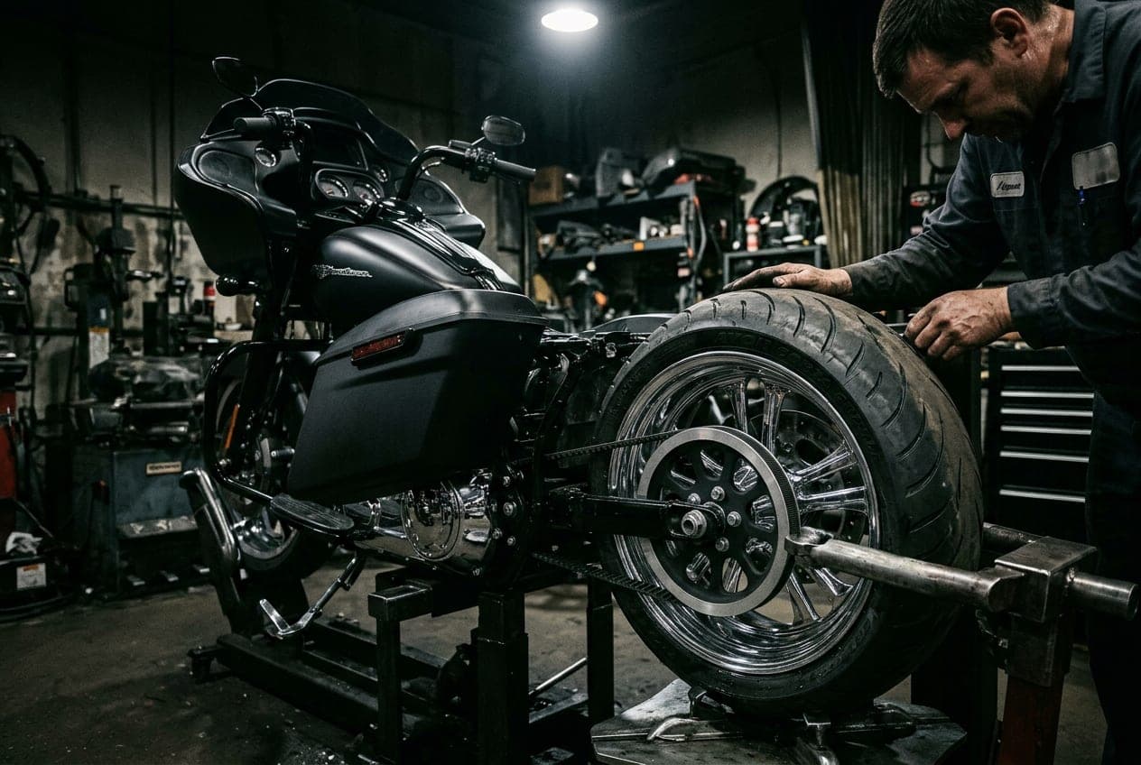 Wide rear tire being mounted on the chrome wheel of a black bagger