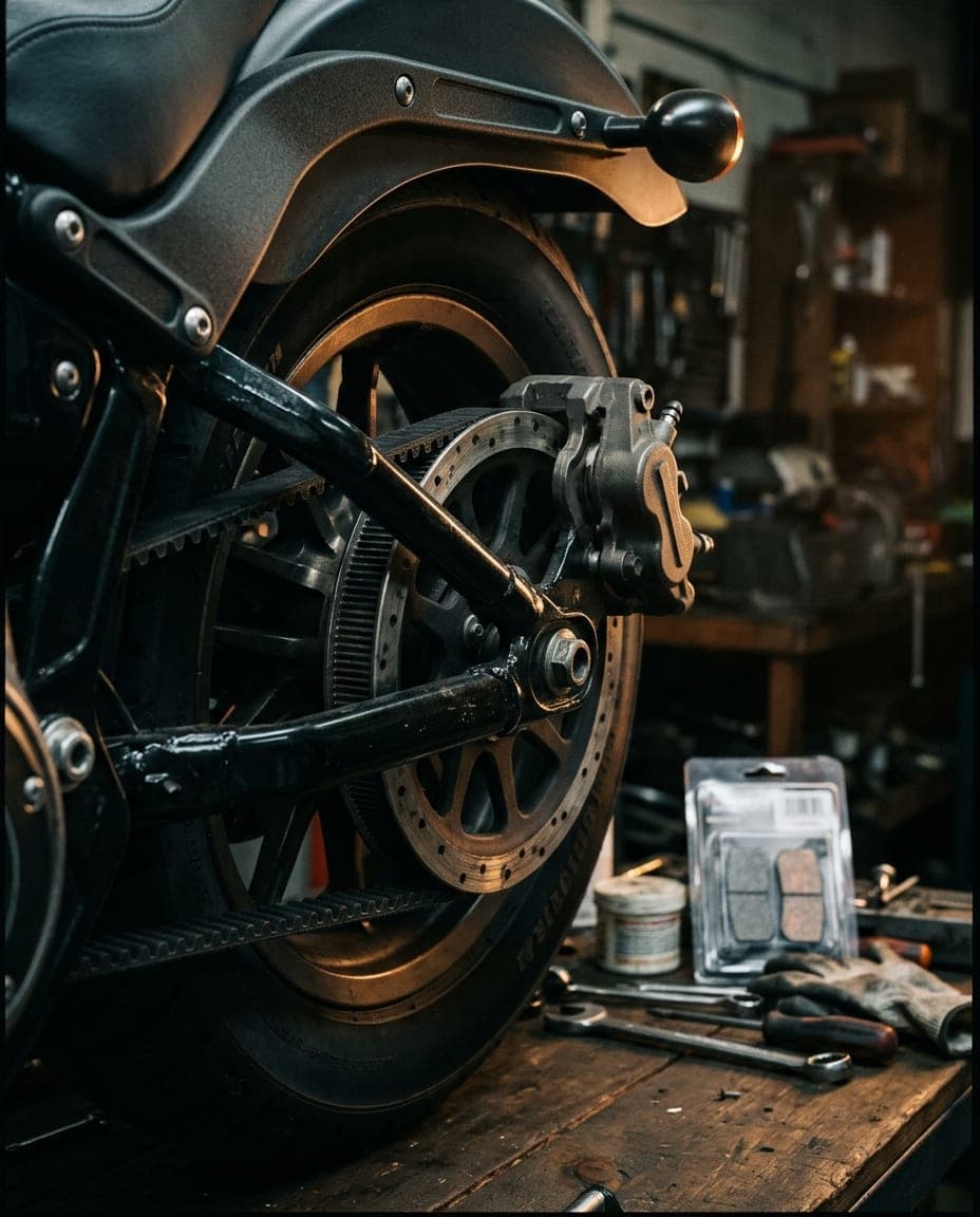 Drive belt, pulley and brake caliper on a cruiser with new pads behind