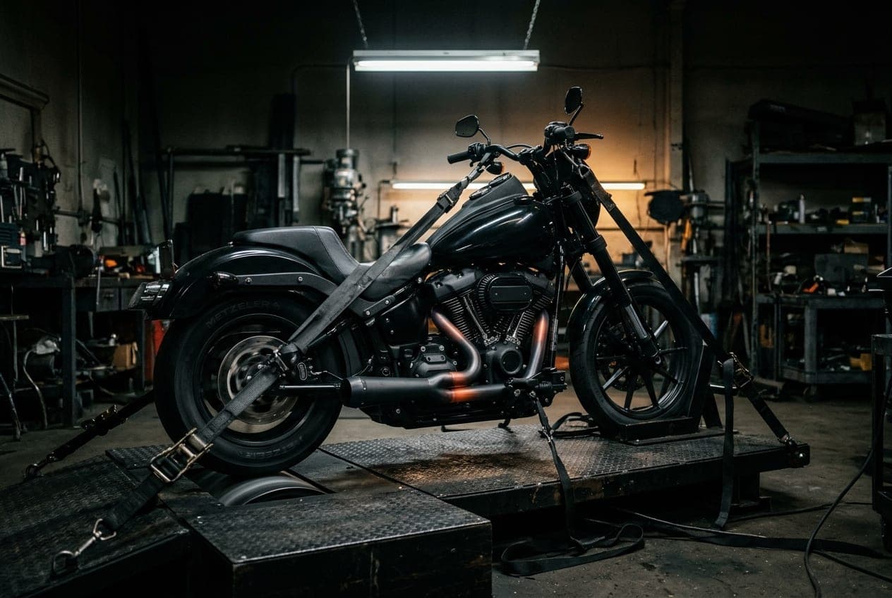 Black V-twin cruiser strapped to the chassis dyno in the bay