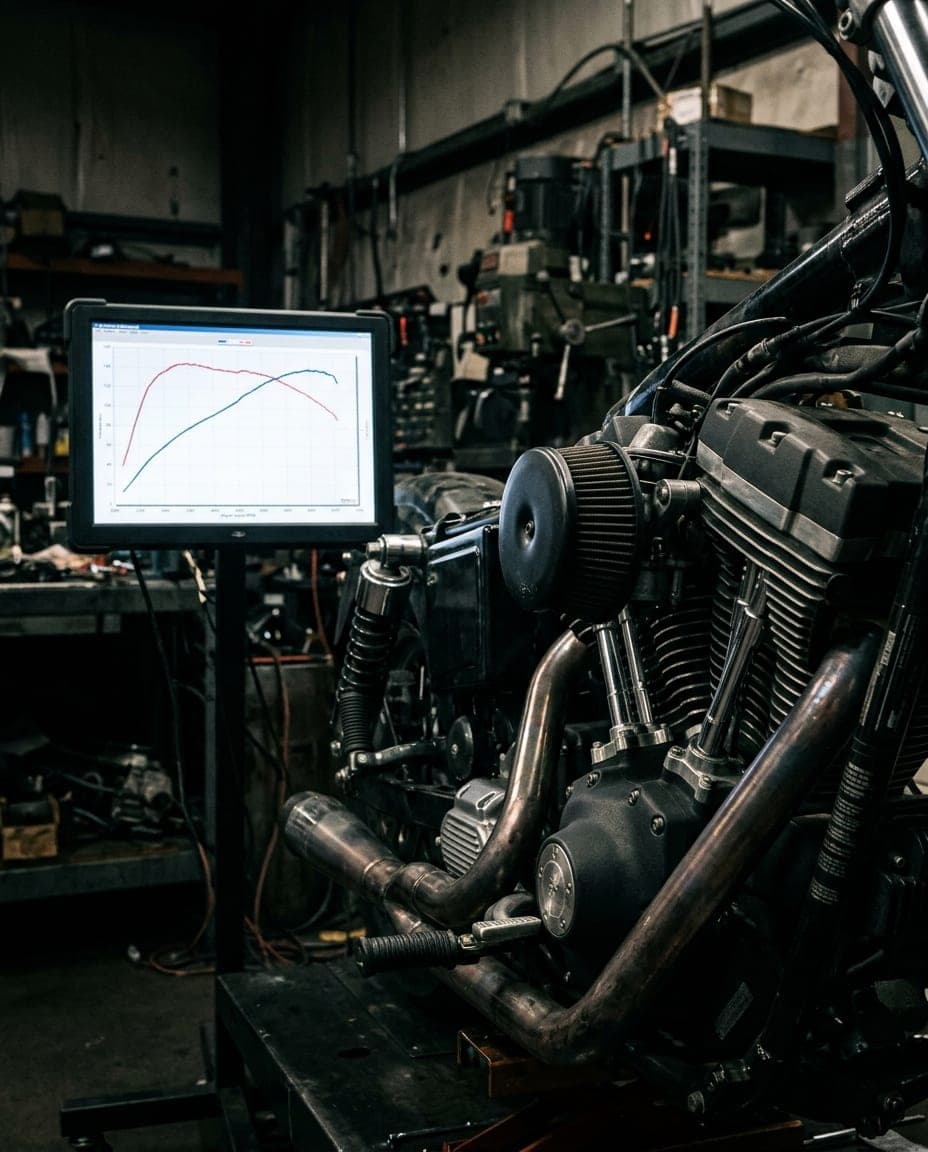 Dyno monitor with a power curve beside an air-cooled V-twin engine