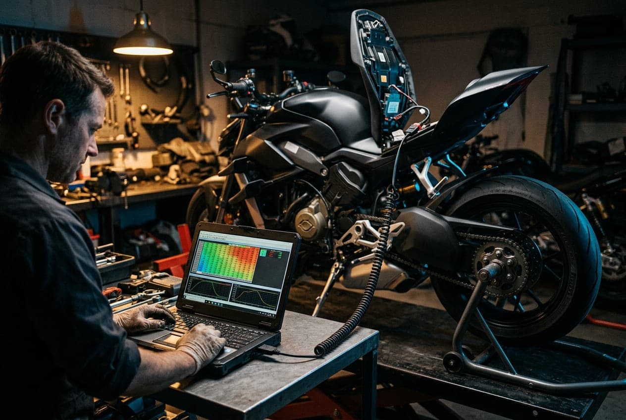 Technician at a laptop showing a fuel map, cable connected to the bike's diagnostic port