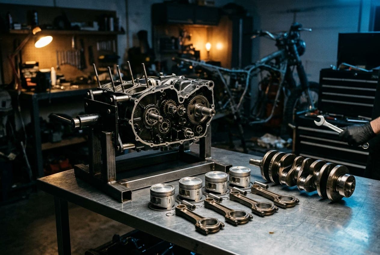Inline-four engine open on a stand with pistons and crank laid out on the bench