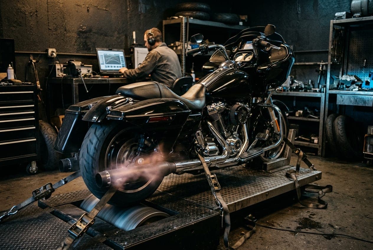Black and chrome V-twin cruiser strapped to the chassis dyno