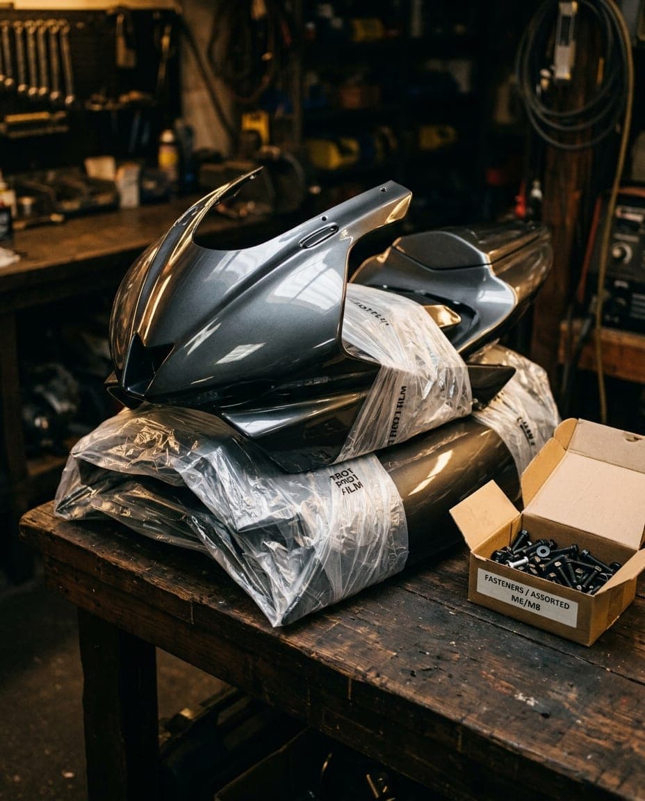 New fairing panels in protective film stacked on the bench