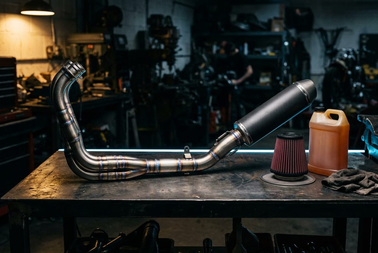 Full titanium exhaust system, high-flow air filter and coolant laid out on the bench
