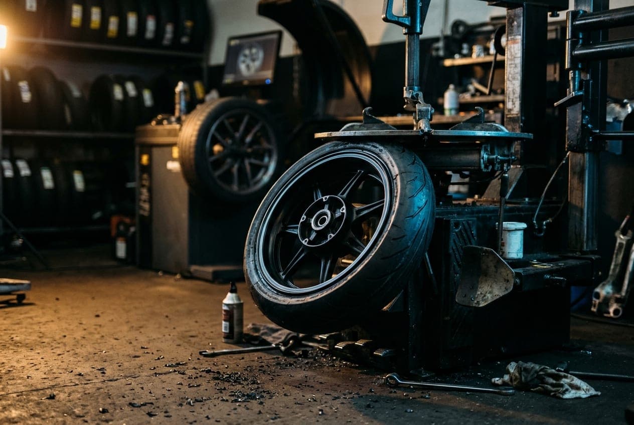Fresh sportbike tire being mounted on a tire machine with the balancer behind